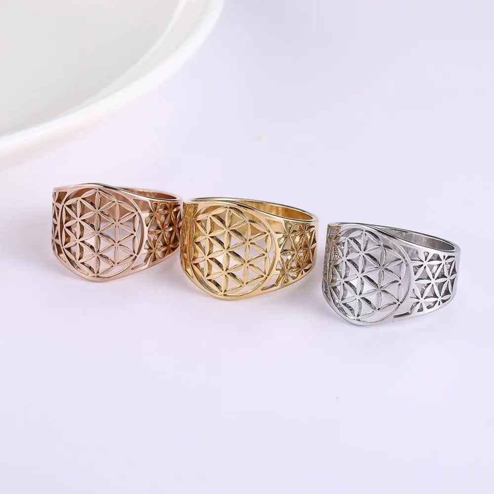 Flower of Life Sacred Geometry Ring – Gold Vintage Stainless Steel