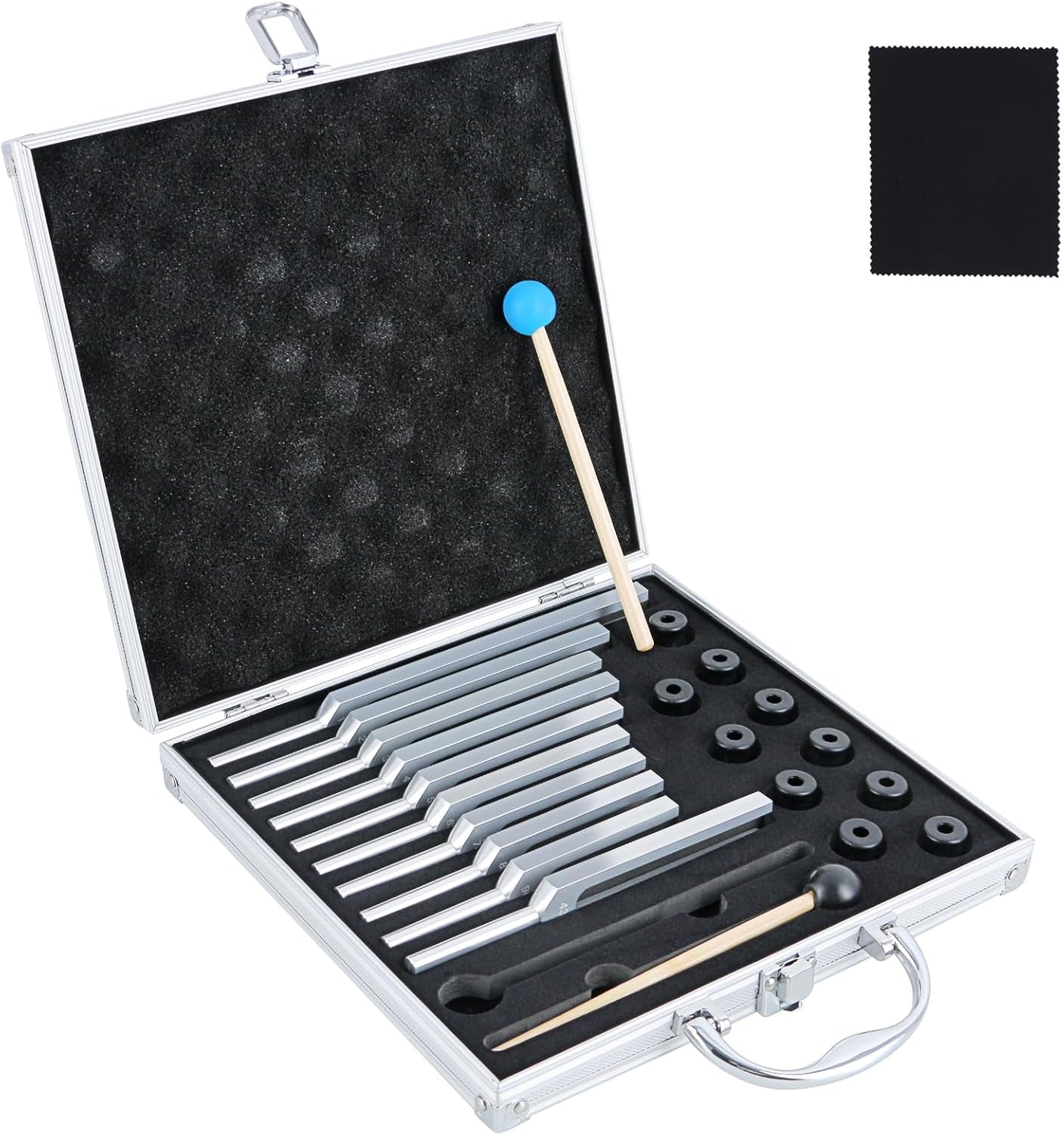 Chakra tuning fork set with mallets, bases, and optional aluminum case in multiple frequency and kit variations
