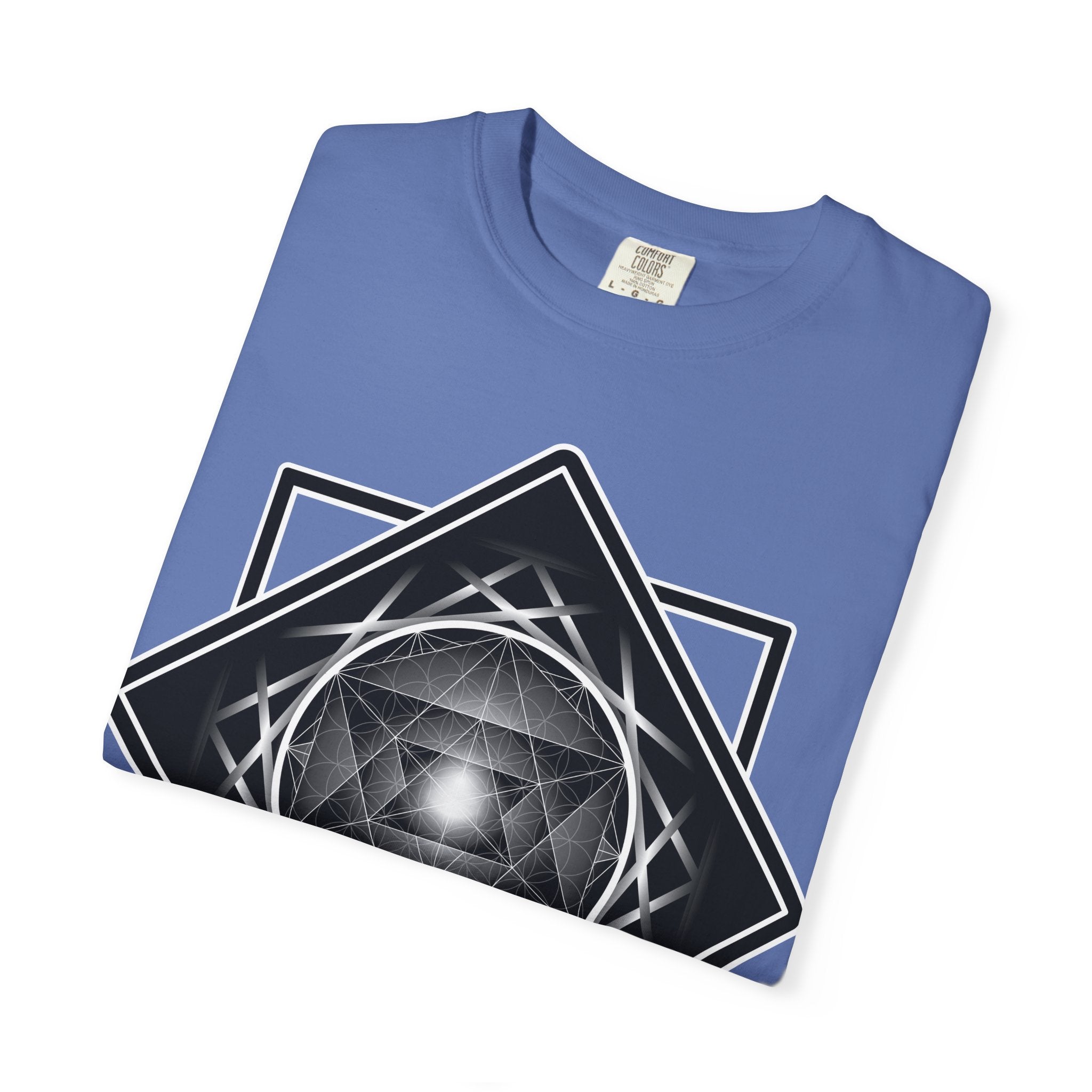 Merkaba Energy Tee – unisex t-shirt featuring luminous Merkaba star in monochrome sacred geometry design on multiple color options