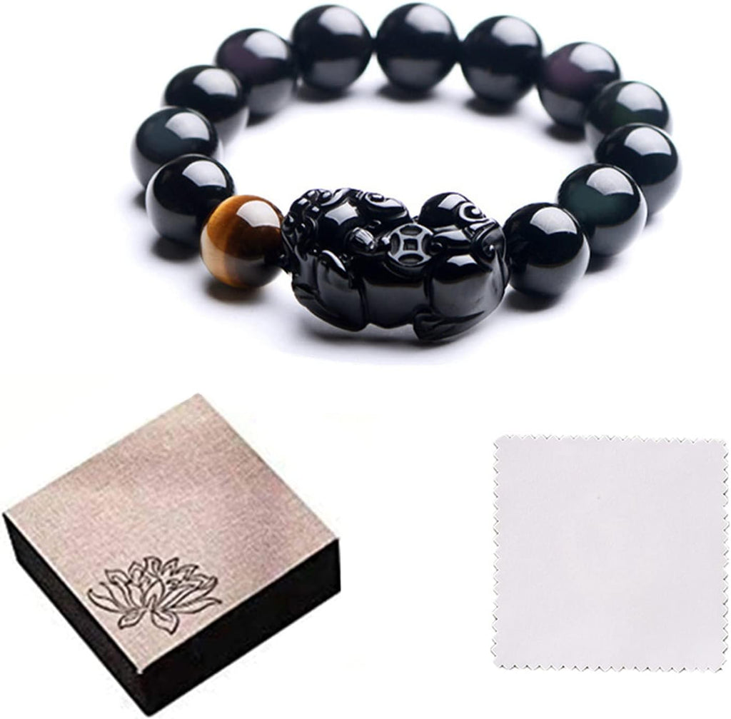 Black Obsidian & Tiger Eye Wealth Bracelet with Pixiu Charm | Feng Shui Protection & Abundance