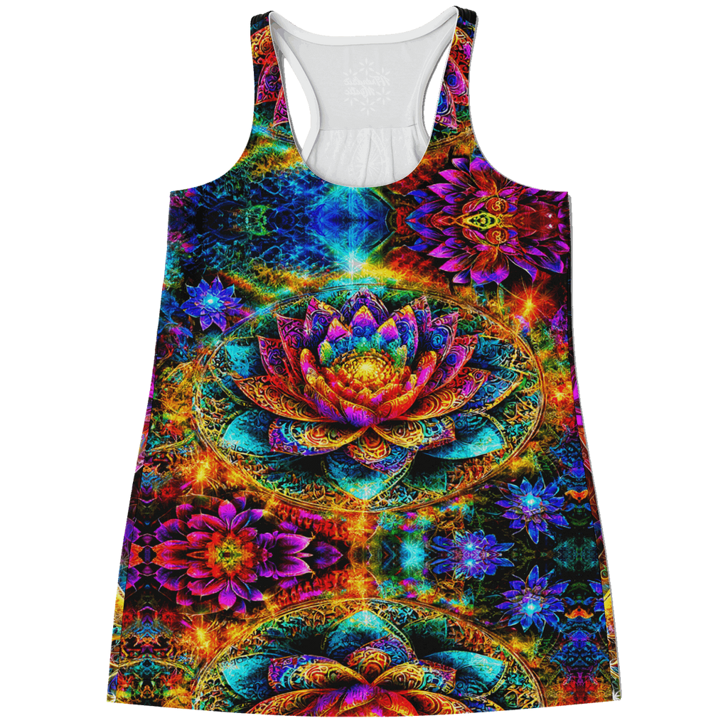 Mystic Abundance flowy racerback tank top — vivid lotus and sacred geometry DNA design from a creative collaboration