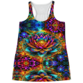 Mystic Abundance flowy racerback tank top — vivid lotus and sacred geometry DNA design from a creative collaboration