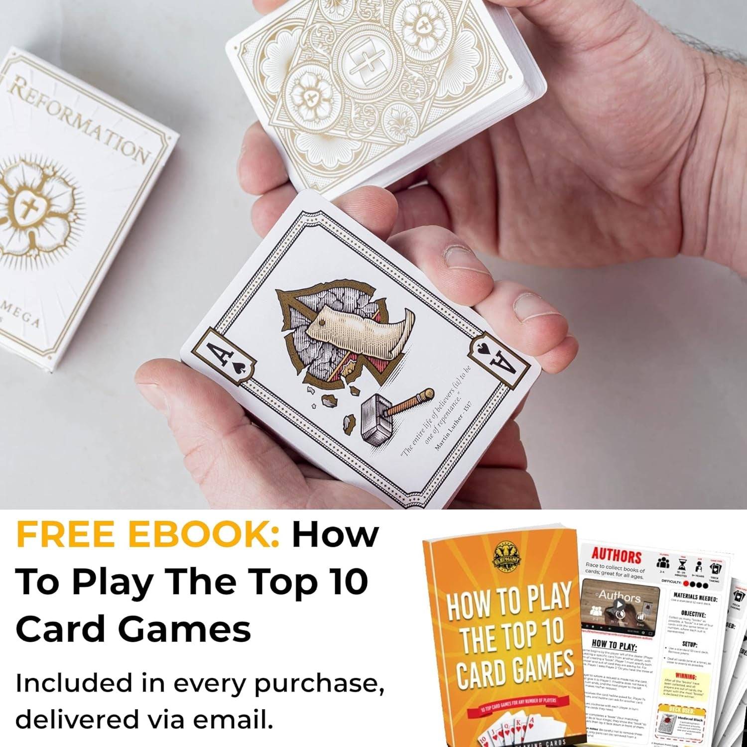 Alpha & Omega premium playing cards with metallic foil tuckbox, available in five collectible designs.
