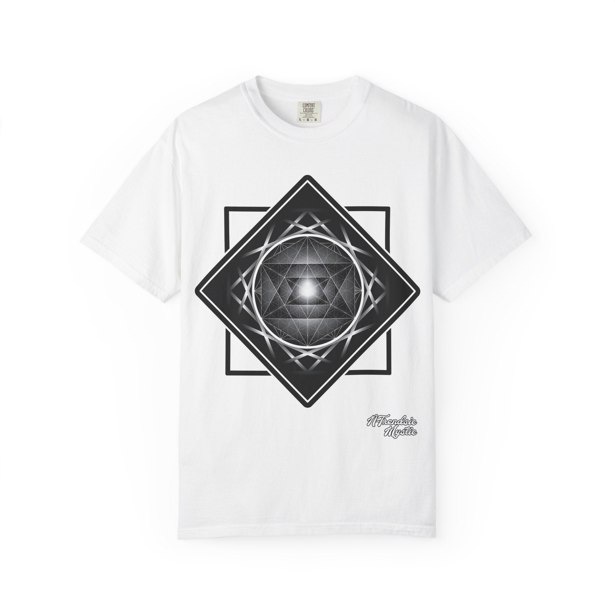 Merkaba Energy Tee – unisex t-shirt featuring luminous Merkaba star in monochrome sacred geometry design on multiple color options