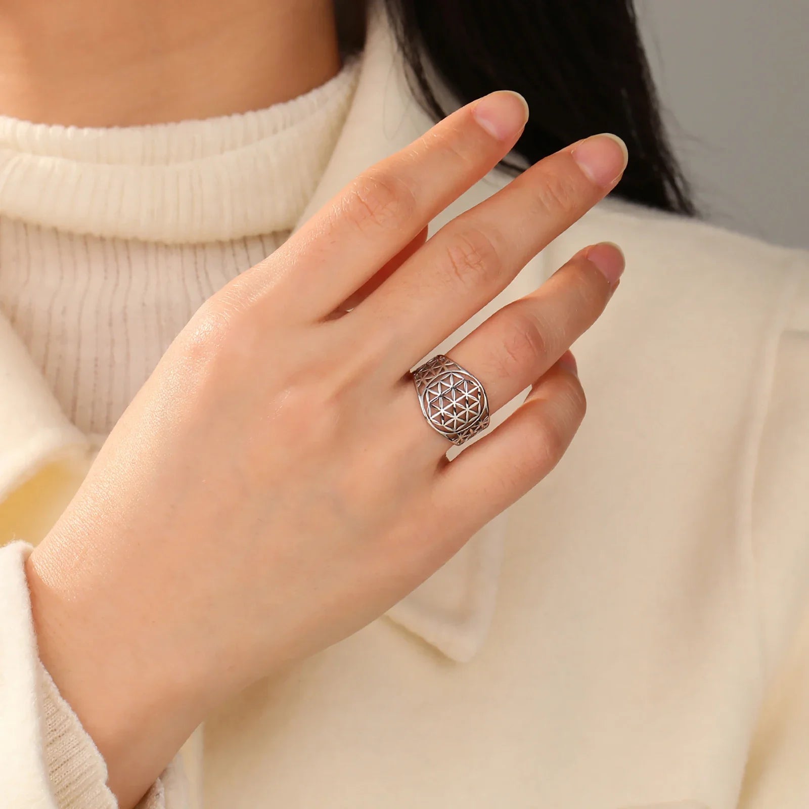 Flower of Life Sacred Geometry Ring – Gold Vintage Stainless Steel