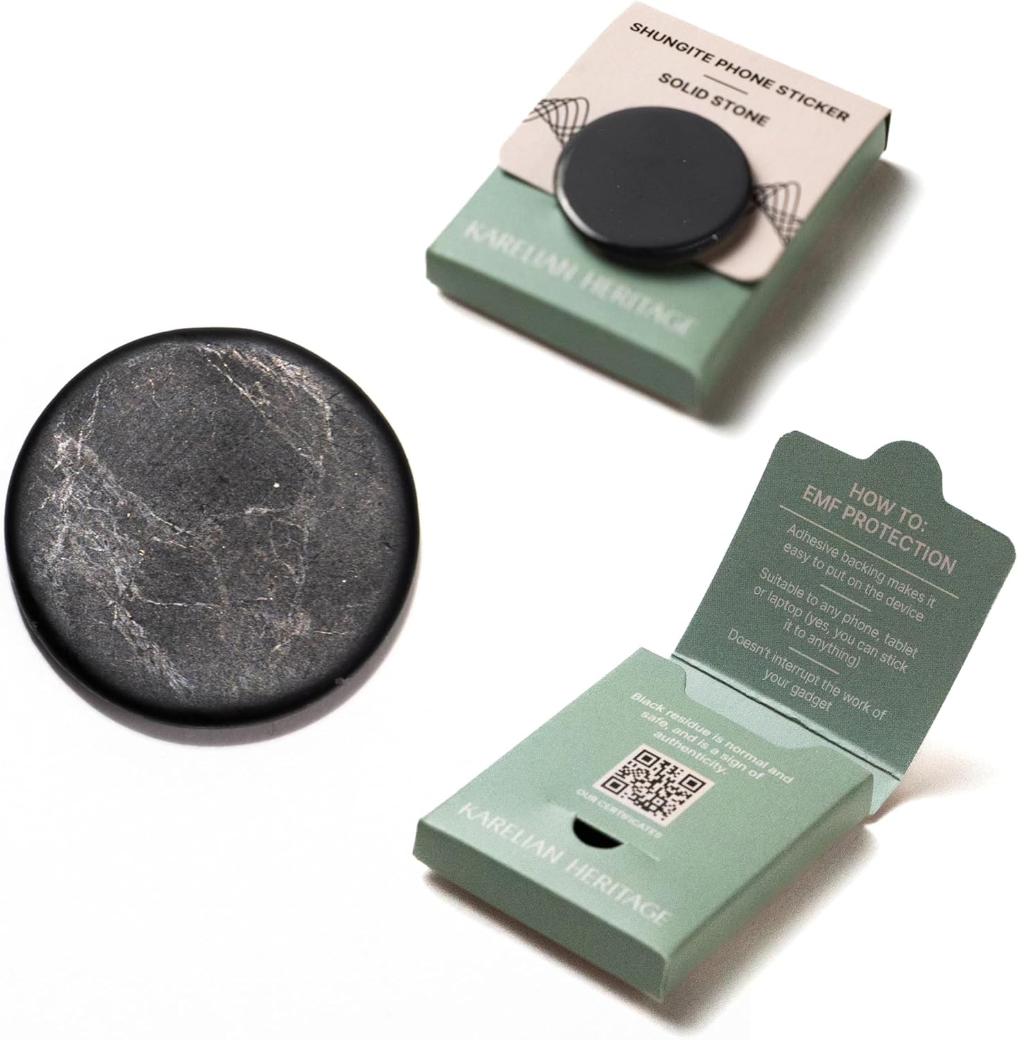 Shungite round phone sticker — polished stone with sacred geometry engravings (Merkaba, Metatron’s Cube, Flower of Life) or plain polished finish