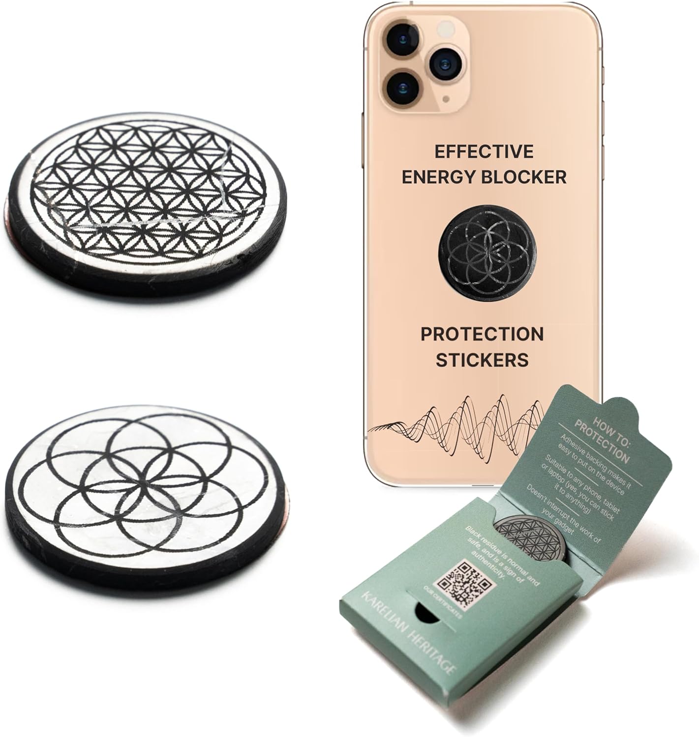 Shungite Protection Stickers | Sacred Merkaba & Metatron Engraved Round Plates for Electronic Decices & Gadgets