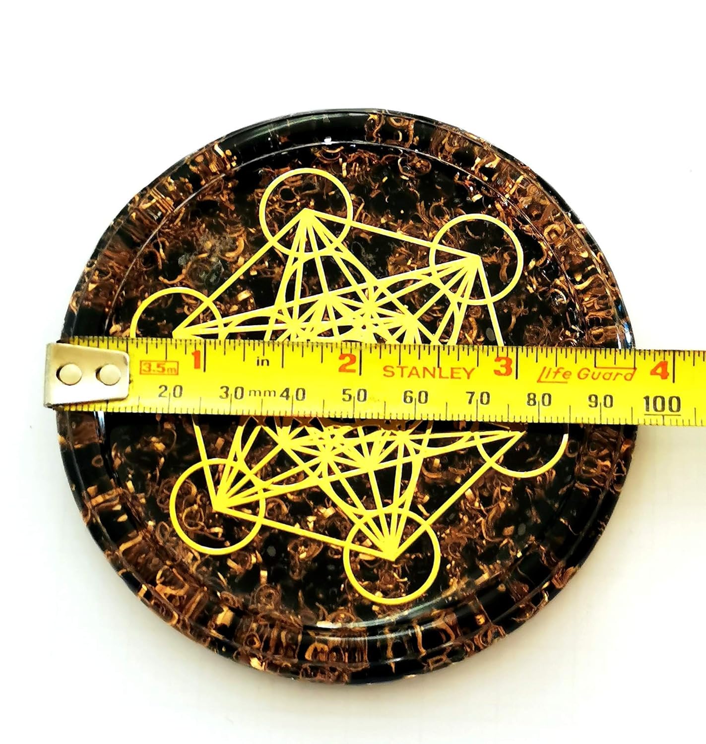 Obsidian Metatron’s Cube Charging Coaster – 4" Crystal Energy Plate with Merkaba & Copper Spiral