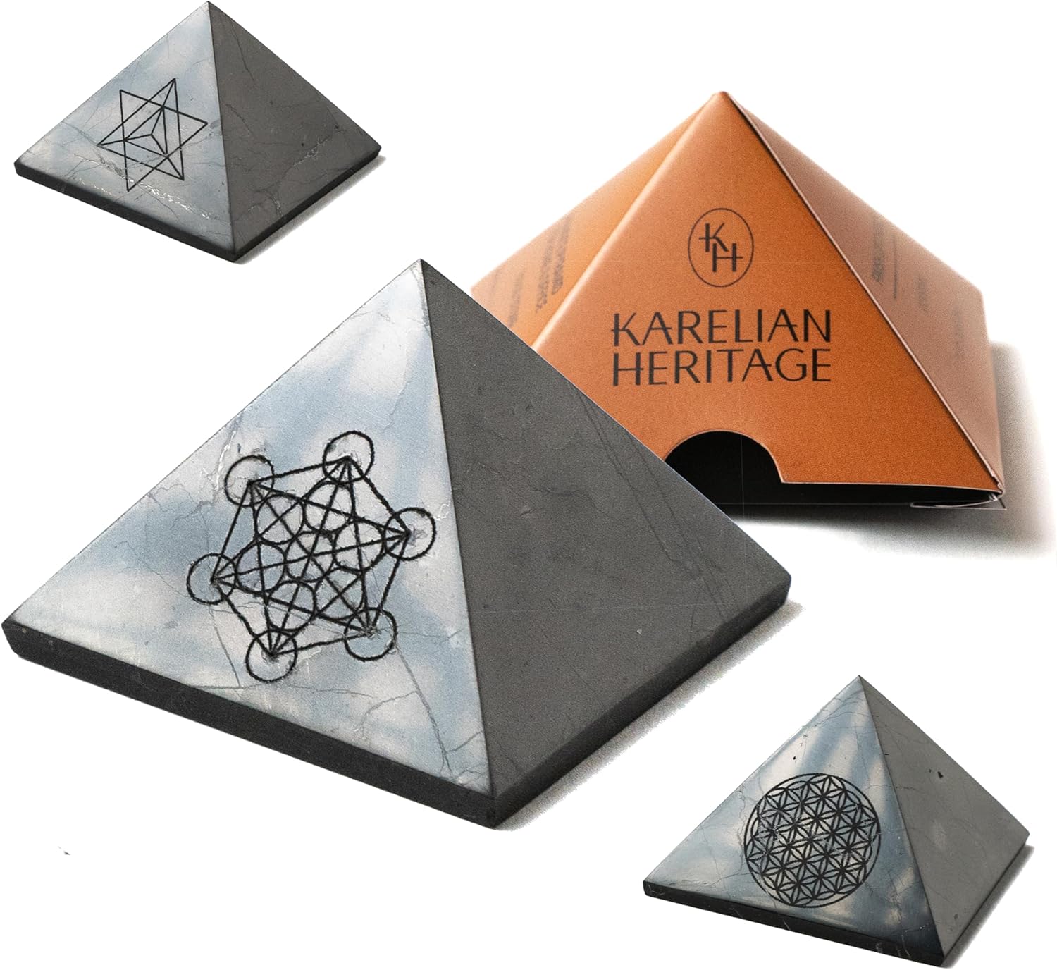 Mystic Shungite pyramid crystal — 2″ polished black stone with engraved sacred geometry: Flower of Life, Merkaba Star, or Metatron’s Cube