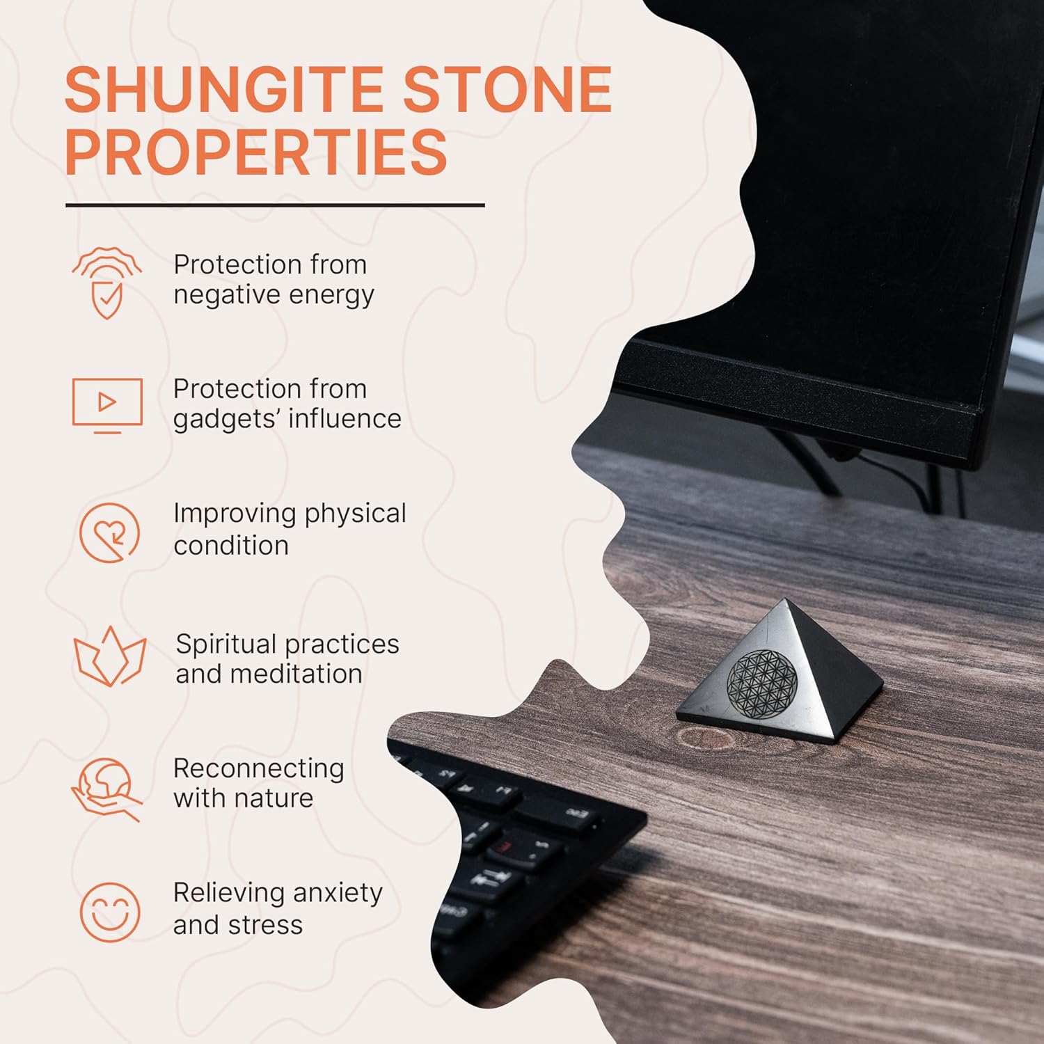 Authentic Shungite Pyramid – 2” Polished Crystal with Engraved Sacred Geometry | Energy Harmonizer & Spiritual Protection for Home, Office, and Meditation