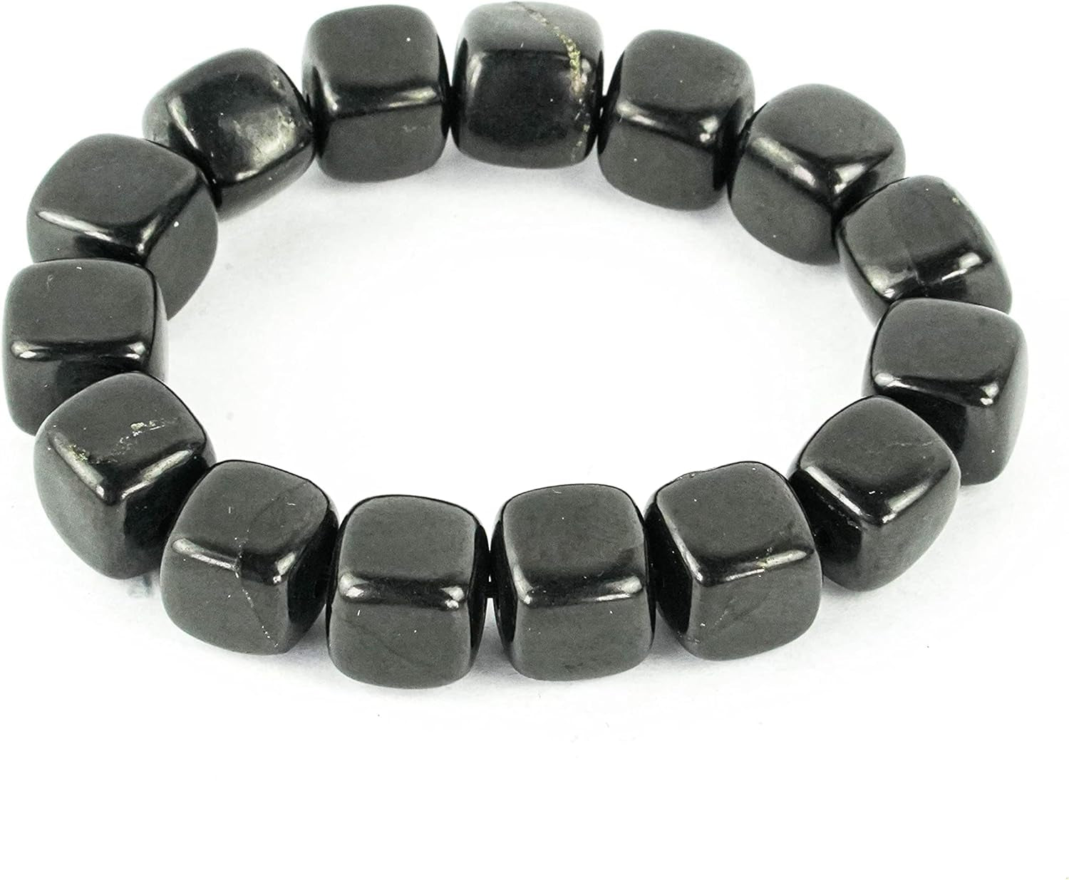 Mystic Shungite stretch bracelet with polished cube beads — authentic Karelia stone, unisex natural crystal jewelry