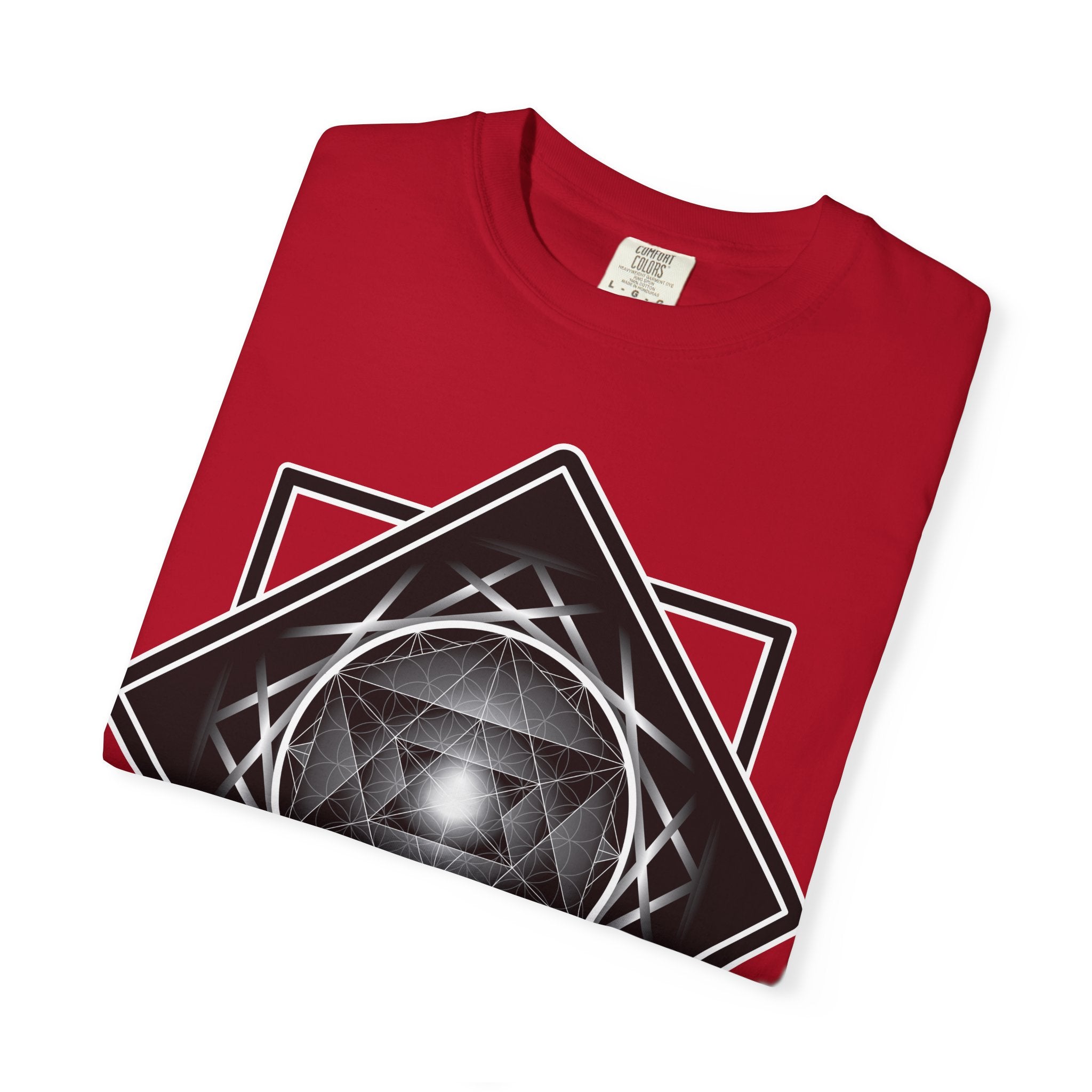 Merkaba Energy Tee – unisex t-shirt featuring luminous Merkaba star in monochrome sacred geometry design on multiple color options