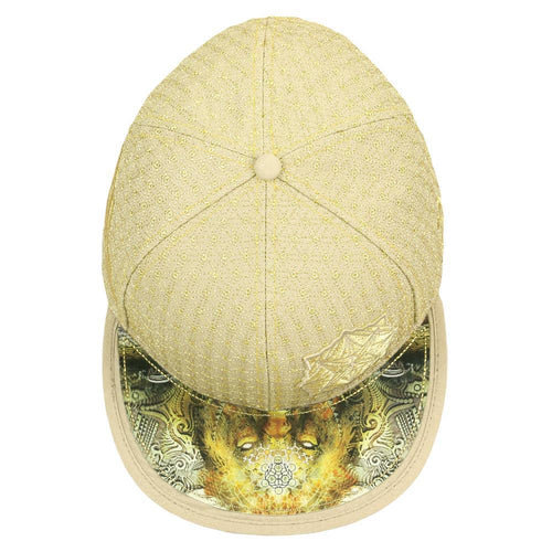 Beige cap with a wolf design on the brim against a white background