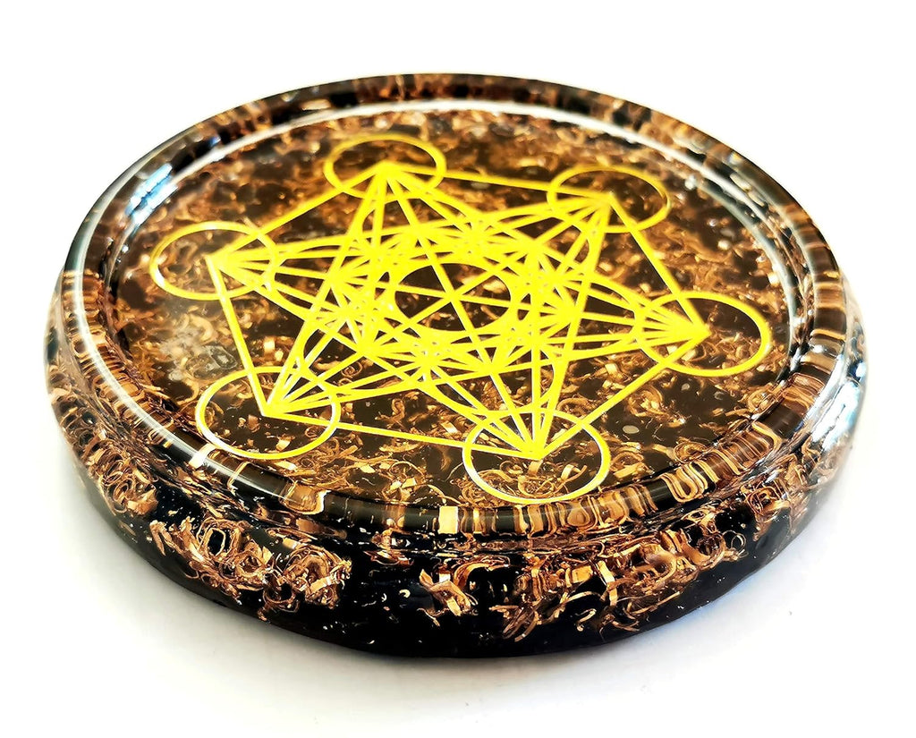 Obsidian Metatron’s Cube Charging Coaster – 4" Crystal Energy Plate with Merkaba & Copper Spiral