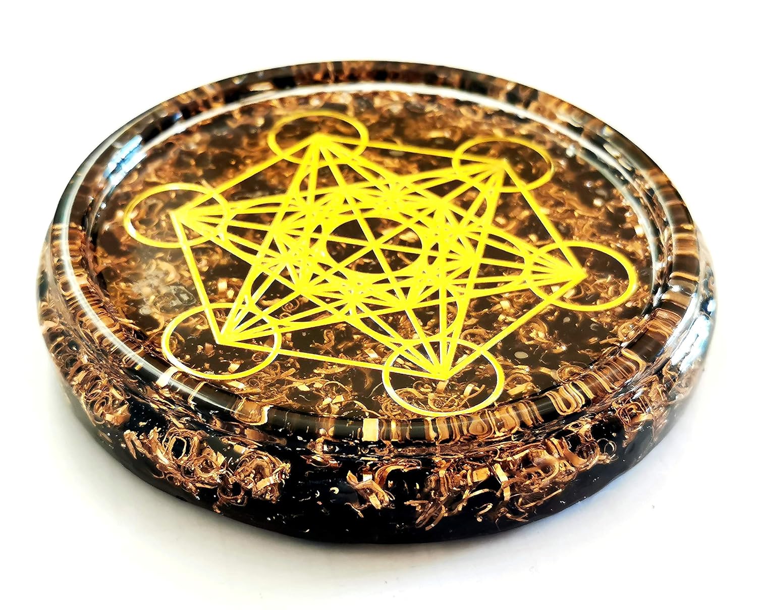 Obsidian Metatron’s Cube Charging Coaster – 4" Crystal Energy Plate with Merkaba & Copper Spiral