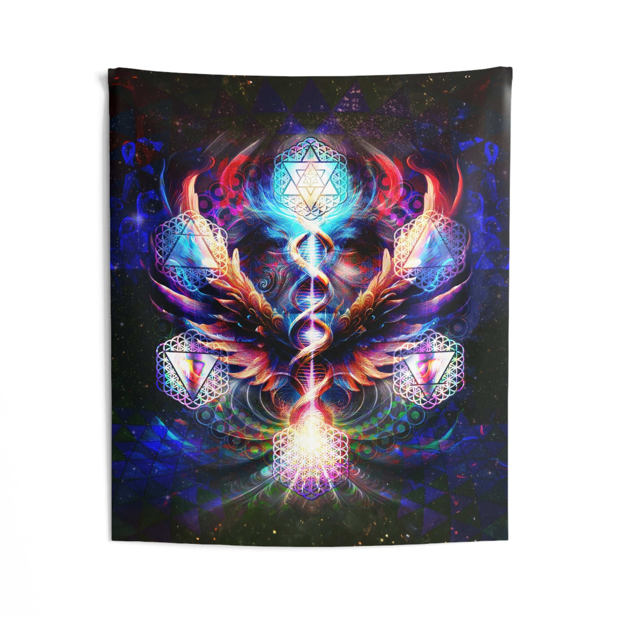 Essence of the All tapestry with sacred geometry, elemental symbols, DNA spiral, and radiant wings in vivid cosmic colors