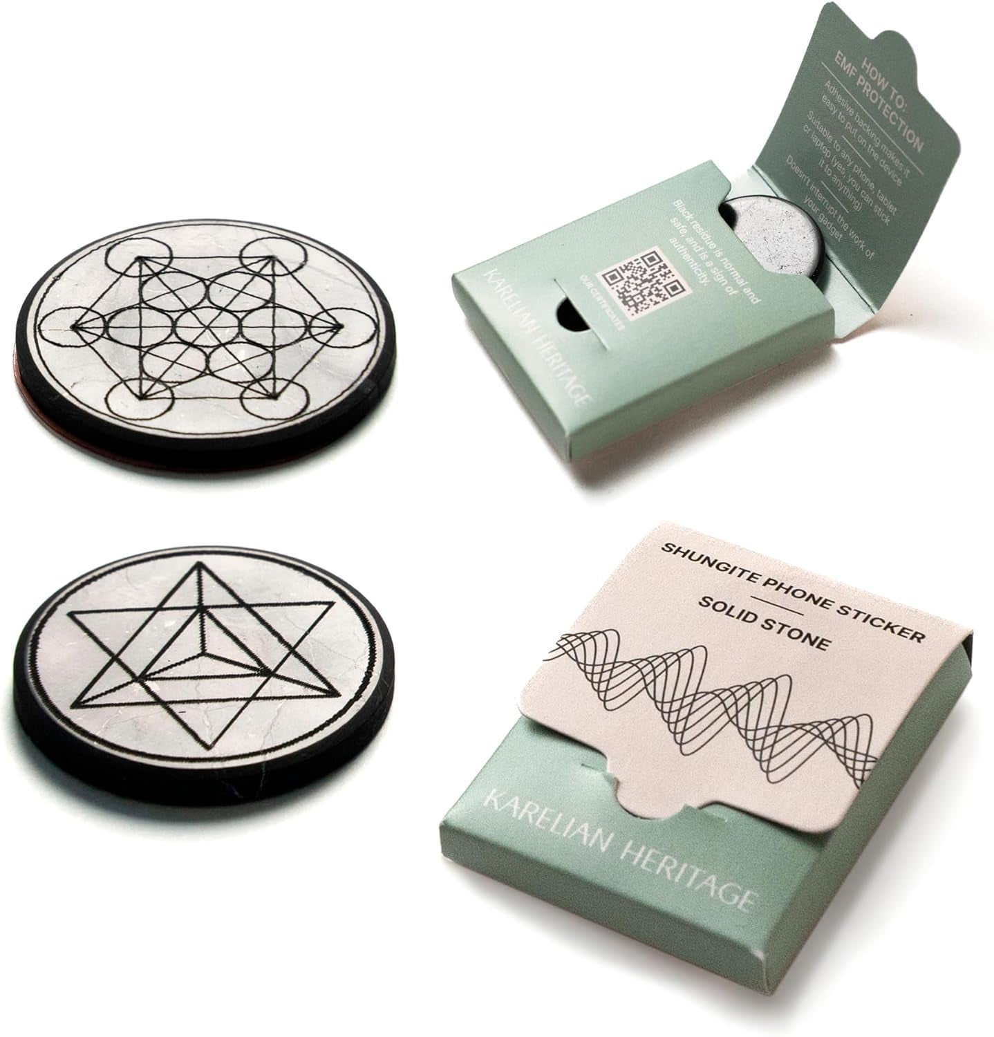 Shungite round phone sticker — polished stone with sacred geometry engravings (Merkaba, Metatron’s Cube, Flower of Life) or plain polished finish