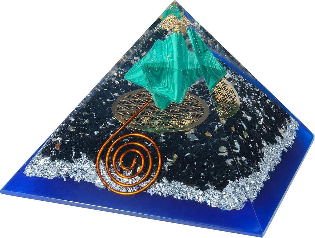 Handcrafted gemstone orgone pyramid with copper coil design, available in multiple decorative variations.