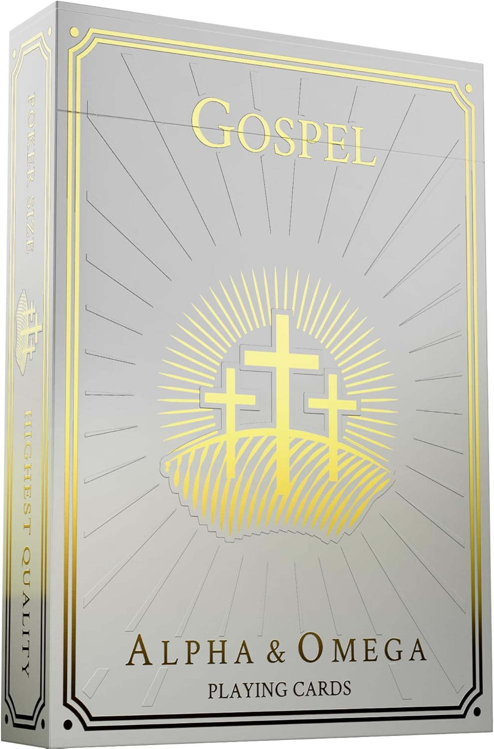 Alpha & Omega premium playing cards with metallic foil tuckbox, available in five collectible designs.
(Gospel)