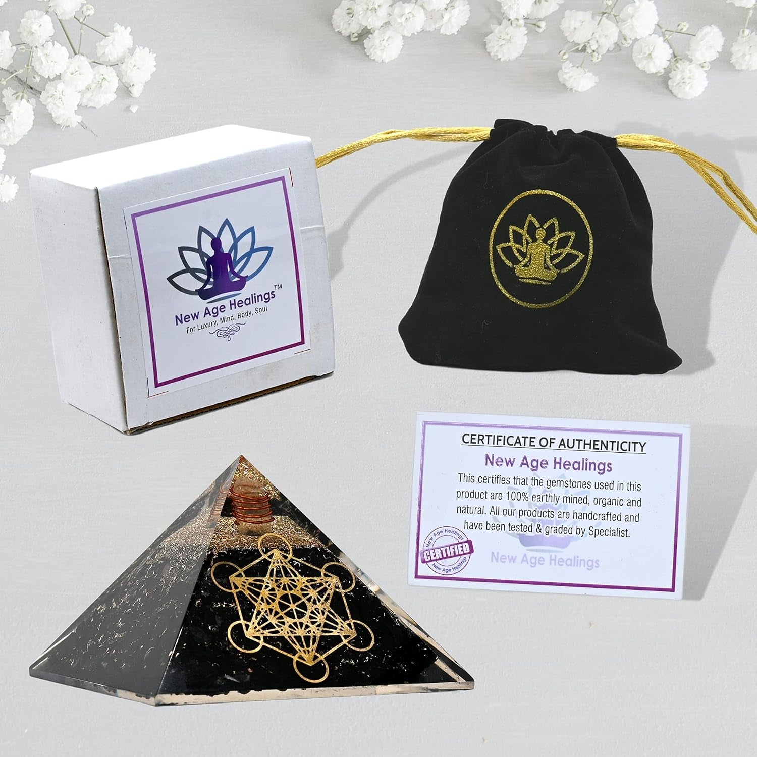 Large Orgone Pyramid | Shungite Metatron Orgonite Pyramid | EMF Protection & Positive Energy Generator for Meditation, Wellness & Home Decor