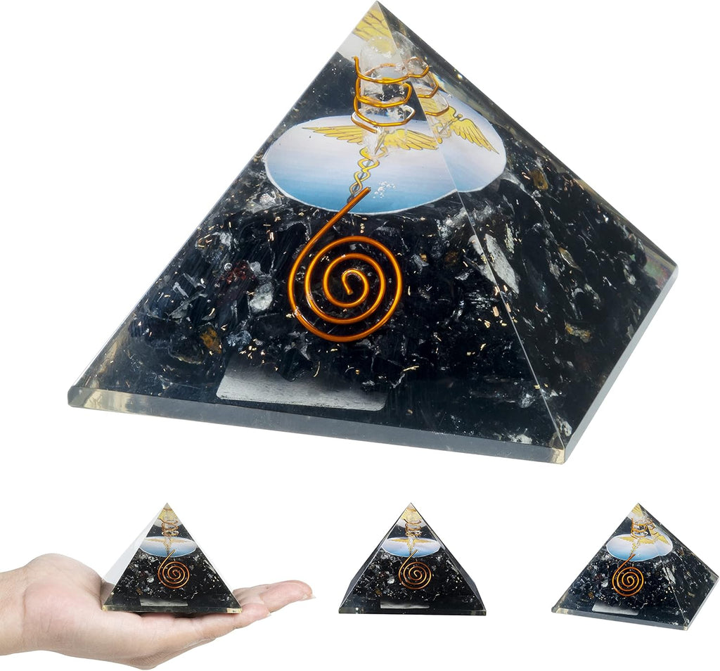 Black Tourmaline Orgone Pyramid spiral & caduceus emblem with copper coil design, ideal for meditation, décor, and grounding.