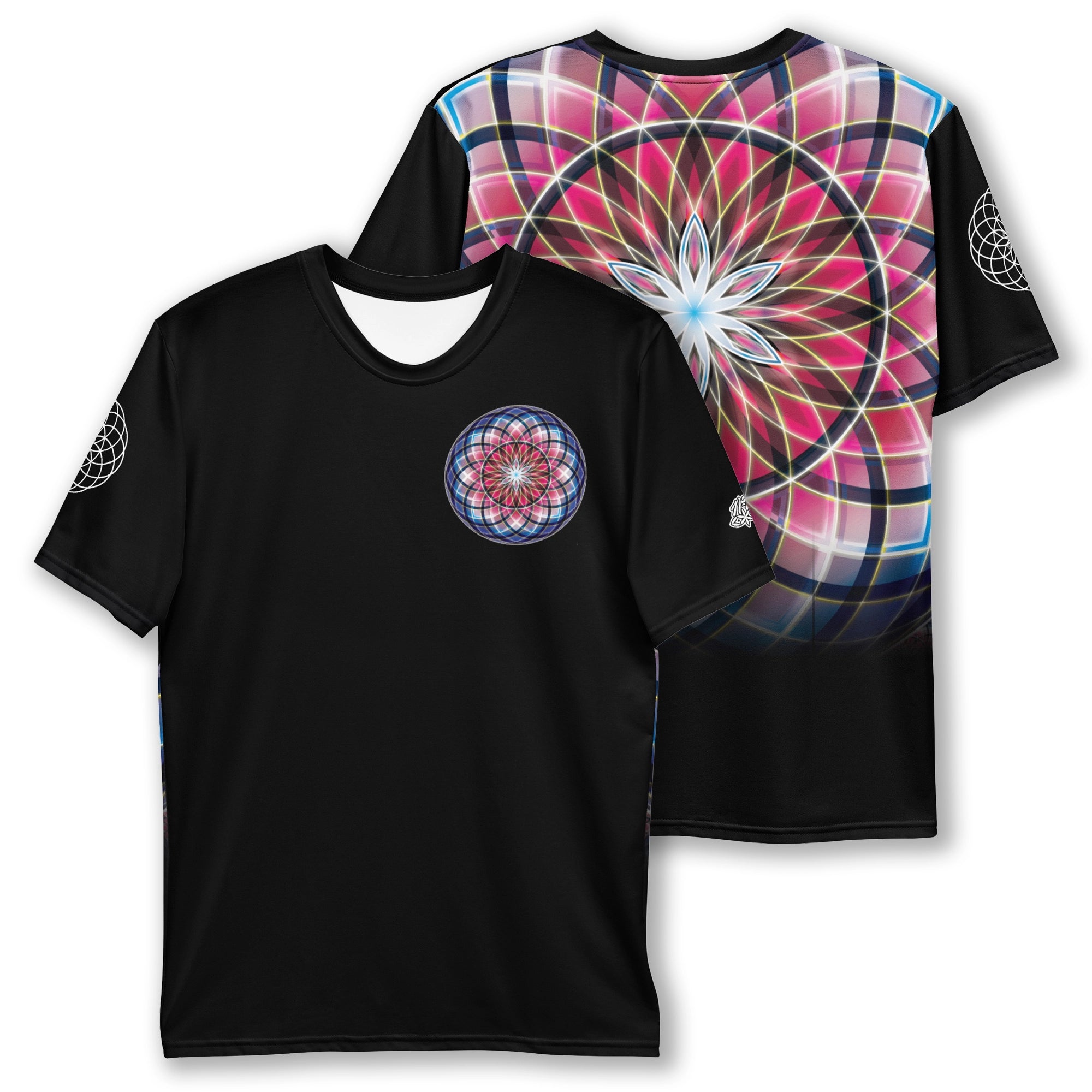 Black t-shirt with colorful geometric design on a white background