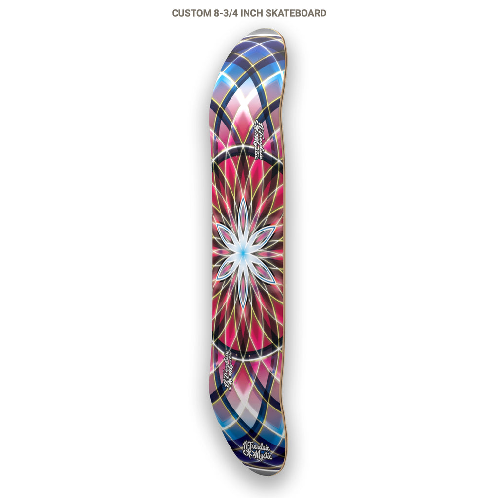 Colorful geometric patterned skateboard deck on a white background