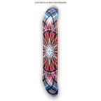 Colorful geometric patterned skateboard deck on a white background