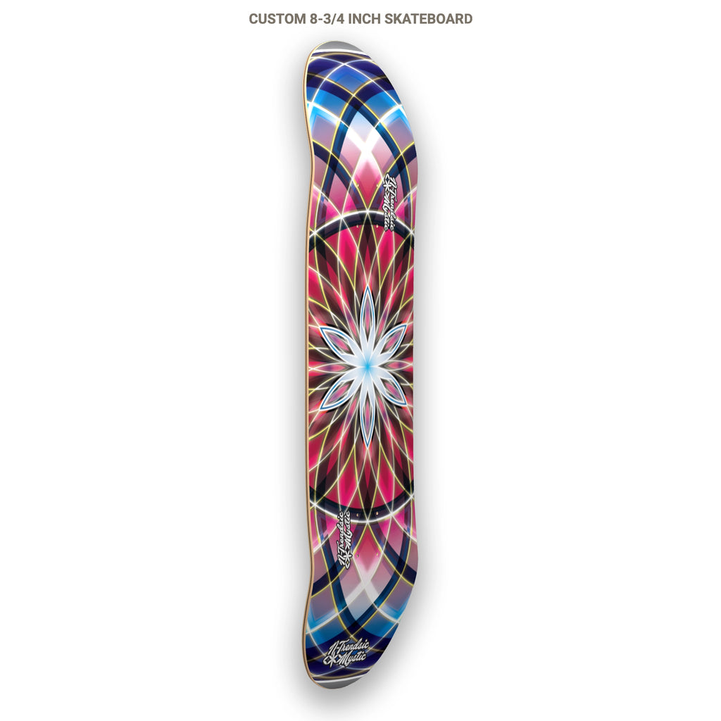 Colorful skateboard deck with geometric design on a white background