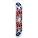 Colorful skateboard deck with geometric design on a white background