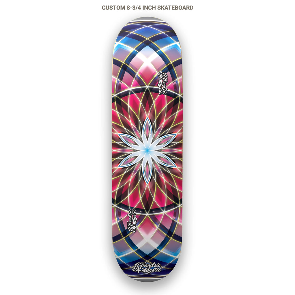 Skateboard deck with a colorful geometric design on a white background