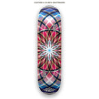 Skateboard deck with a colorful geometric design on a white background
