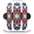 Three colorful skateboard decks with a geometric design on a white background