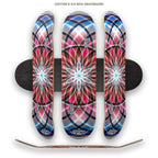 Three colorful skateboard decks with a geometric design on a white background
