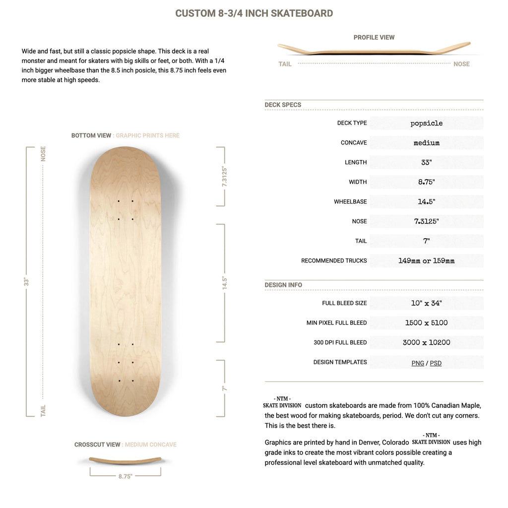 Skateboard deck with specifications and dimensions on a white background
