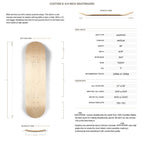 Skateboard deck with specifications and dimensions on a white background