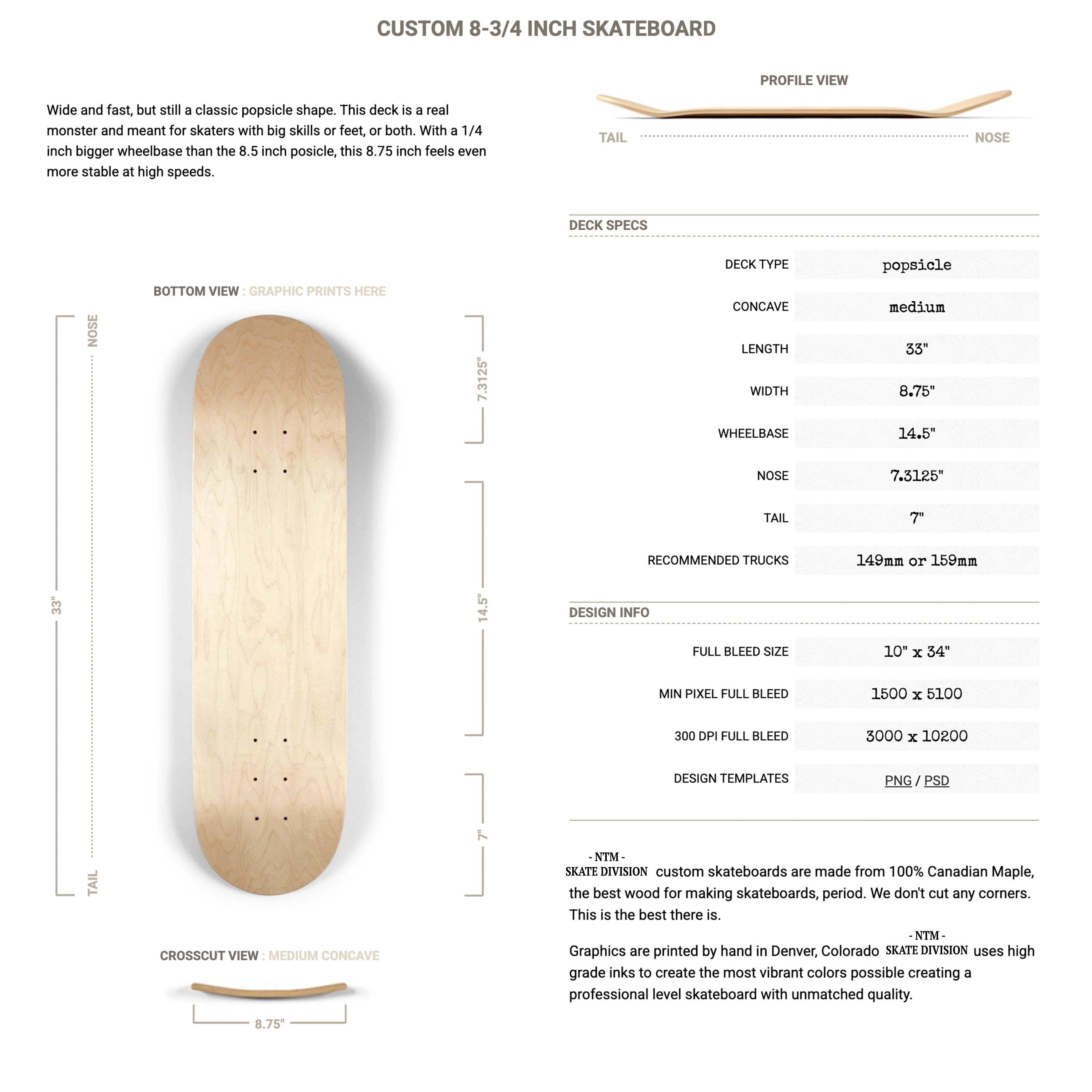 Skateboard deck with specifications and dimensions on a white background