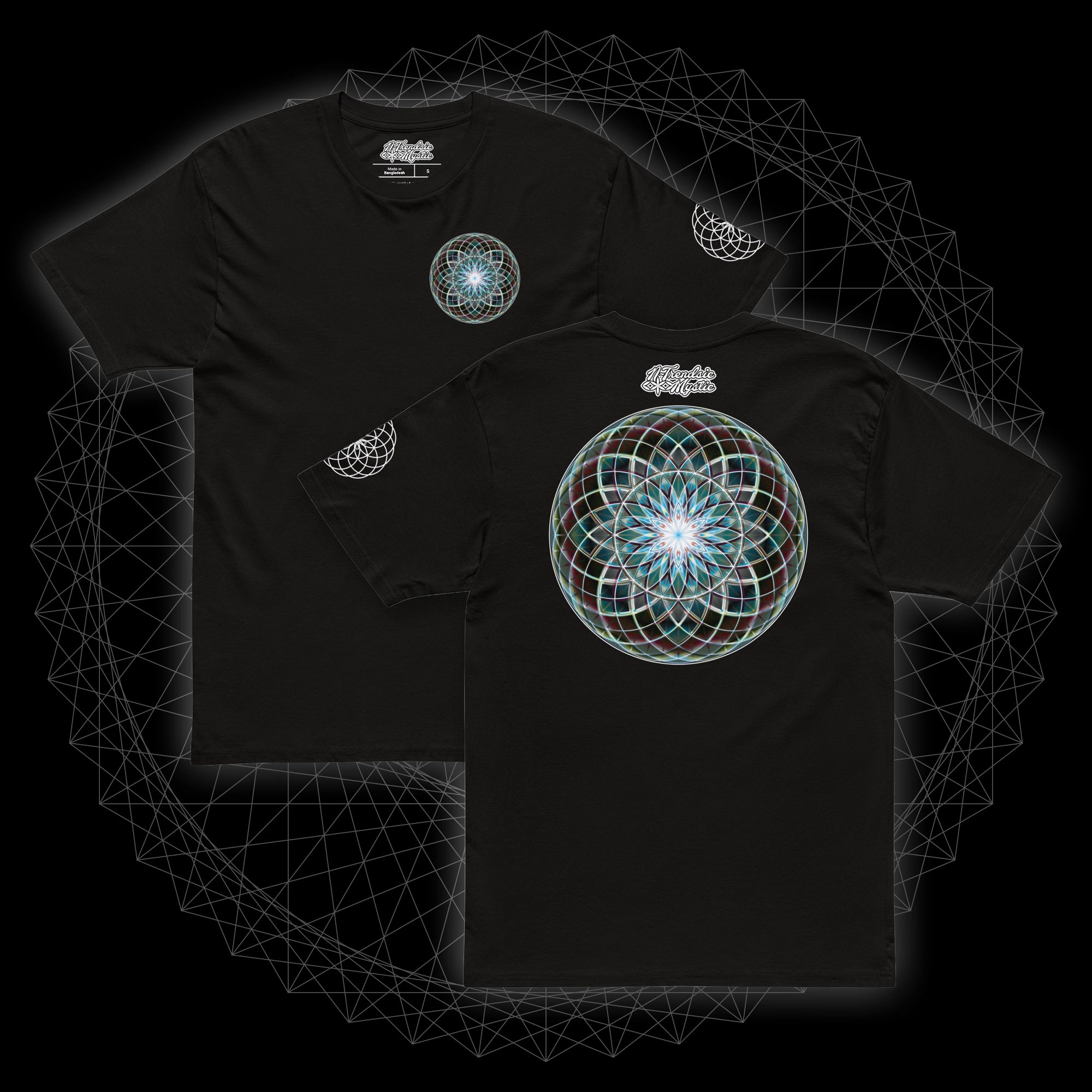 Black t-shirt with a colorful geometric design on a black background