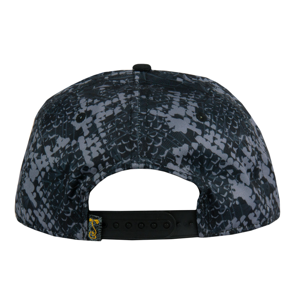 Black and gray camouflage cap on a white background