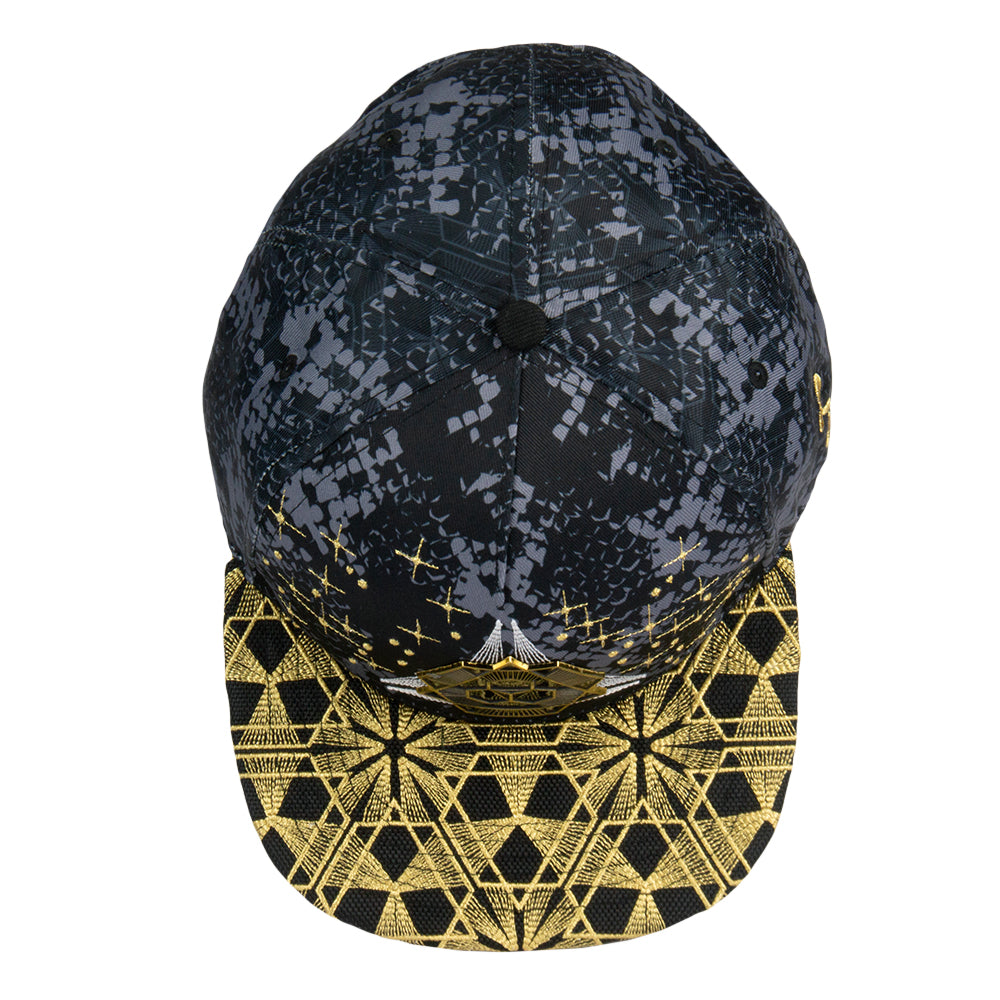 Black and gold cap with geometric pattern on a white background
