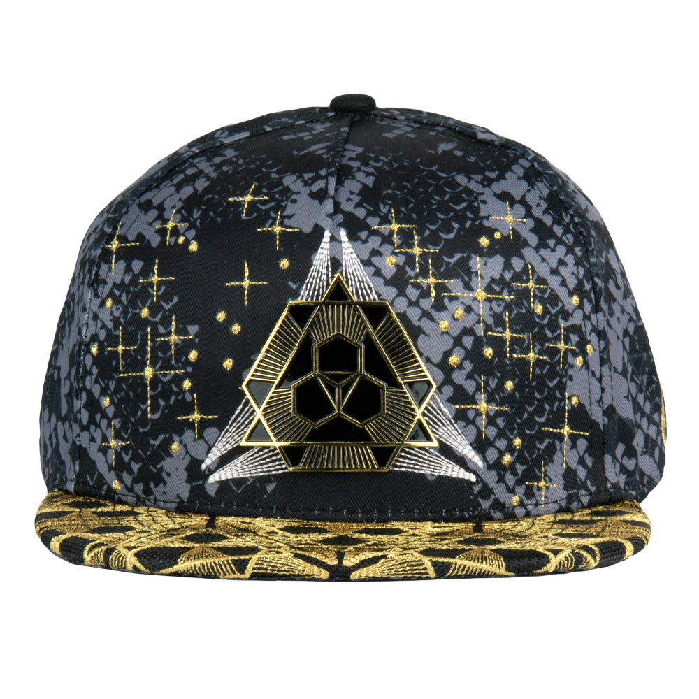 Black and gold cap with geometric design on a white background