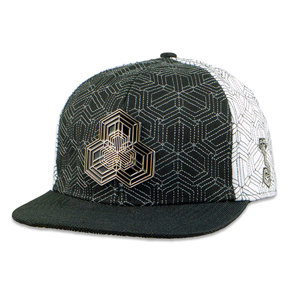 Geometric patterned cap with a logo on a white background