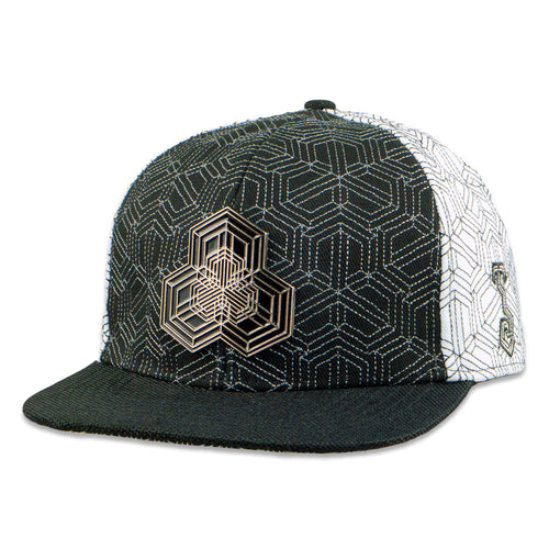 Geometric patterned cap with a logo on a white background