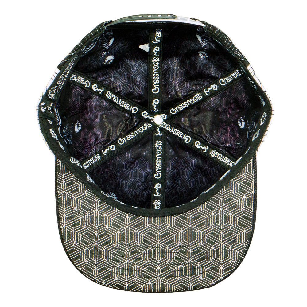 Cap with geometric pattern on brim and black interior with white text