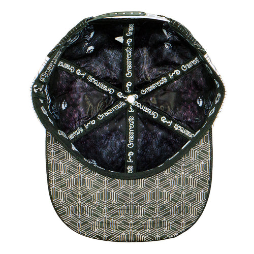 Cap with geometric pattern on brim and black interior with white text