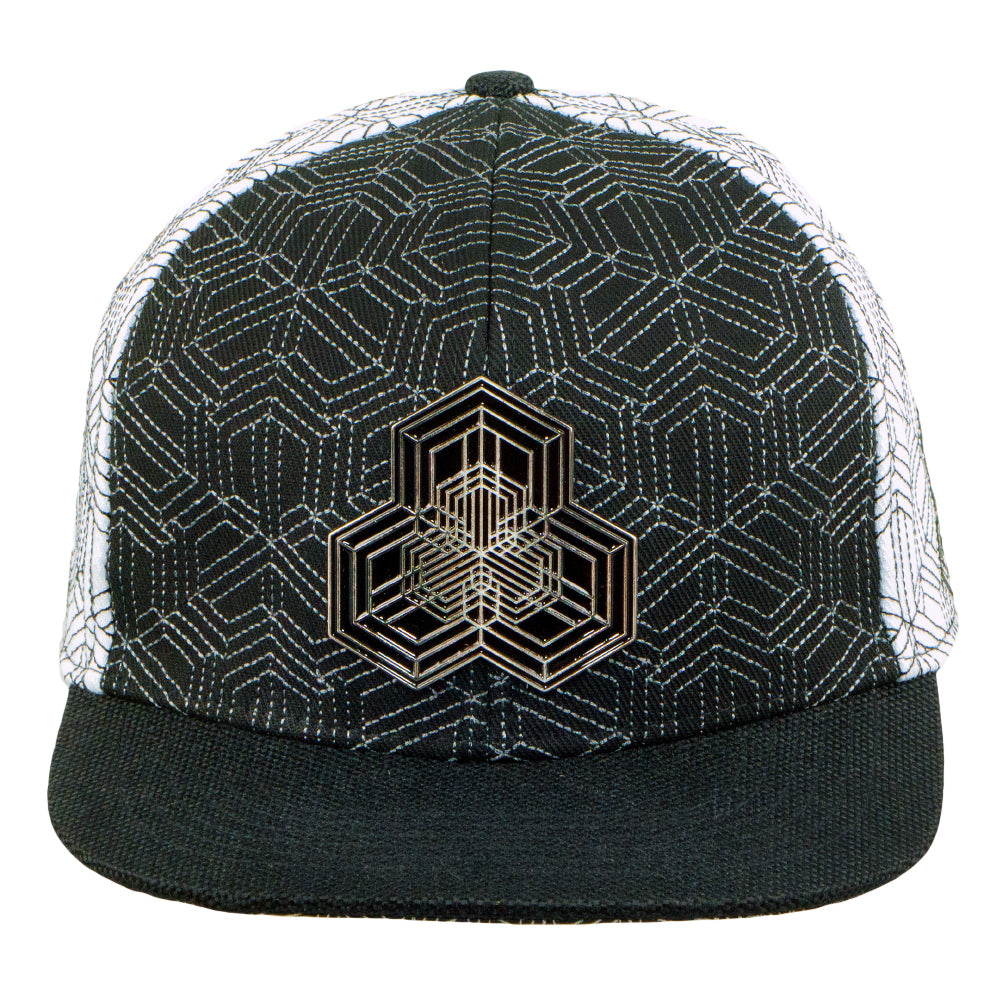 Black and white cap with geometric pattern and logo on a white background