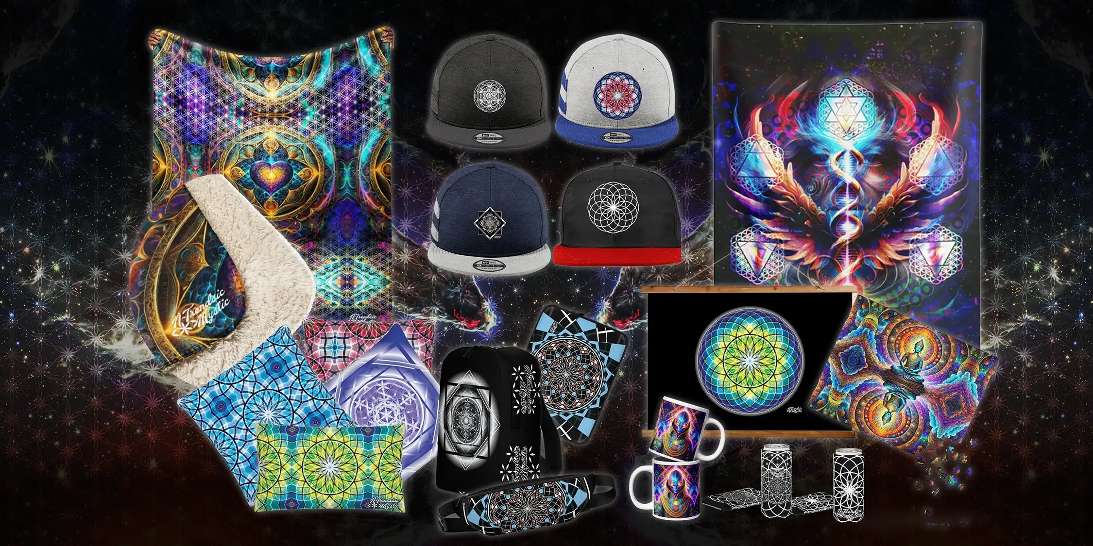 Collection of colorful merchandise including hats, mugs, and a box with abstract designs on a dark background.