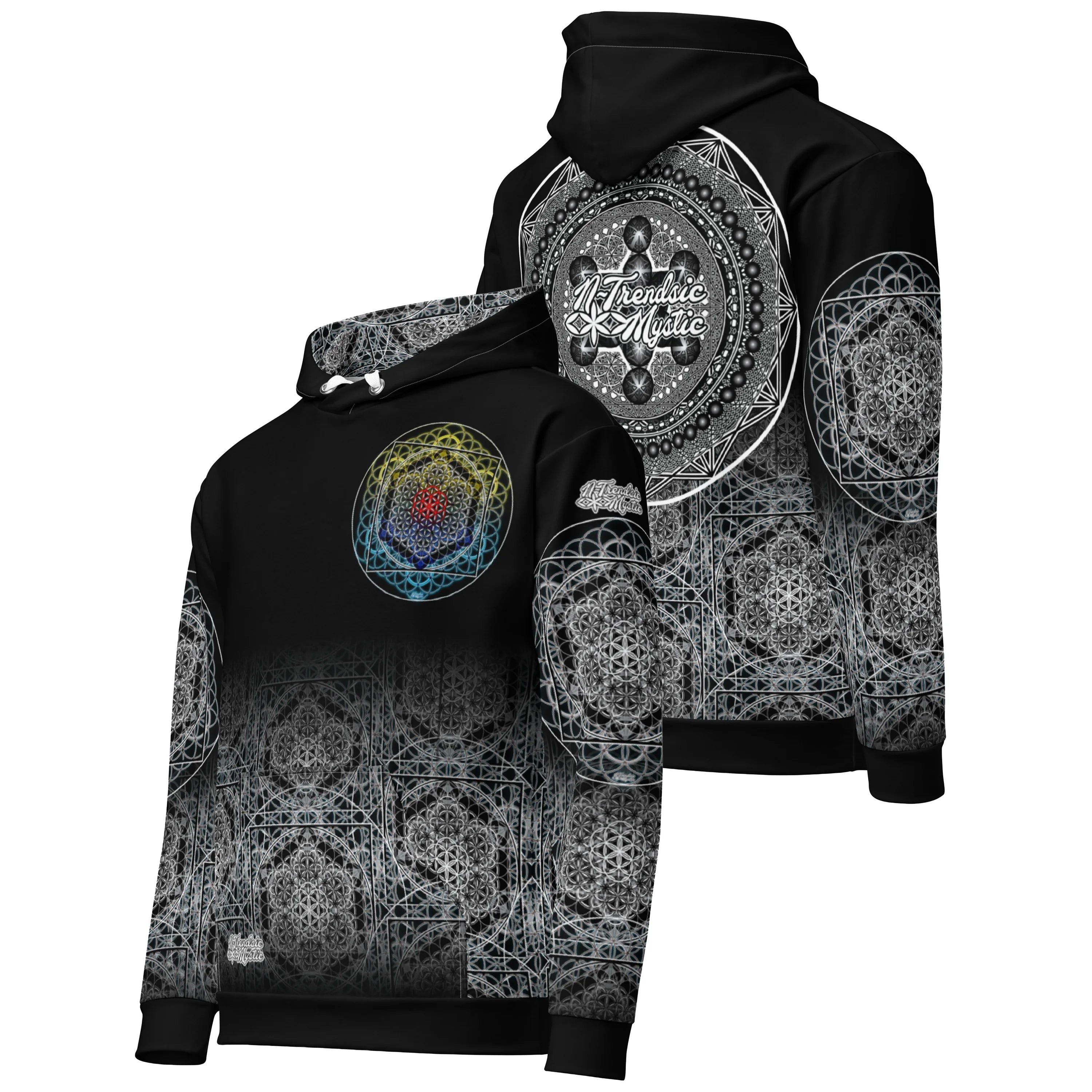 Keystone Matrix Hoodie featuring sacred geometry, mandala detailing, and a central Keystone sigil in full all-over print.
