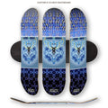Three skateboard decks with blue and black geometric patterns on a white background