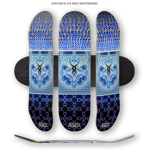 Three skateboard decks with blue and black geometric patterns on a white background